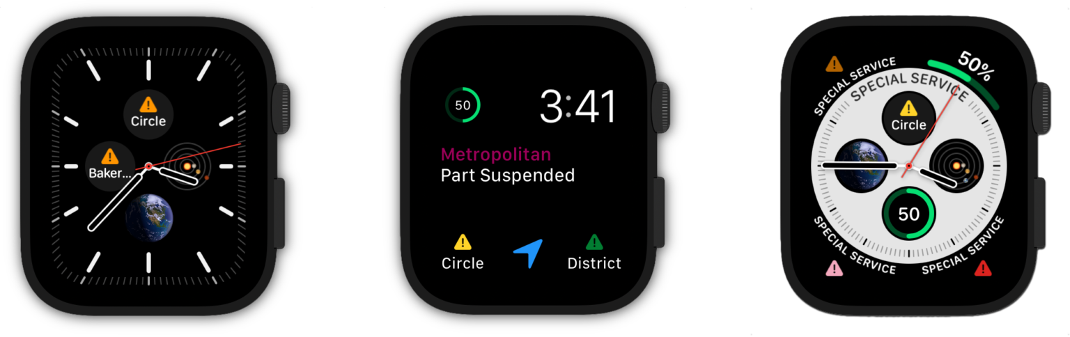 Three Apple Watches showing various complications of Tube Status