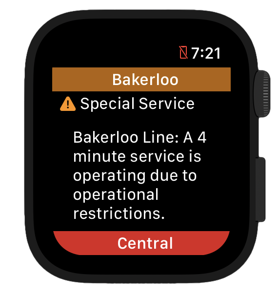 Apple Watch showing tube status with sensible text wrapping. No individual words span multiple lines.
