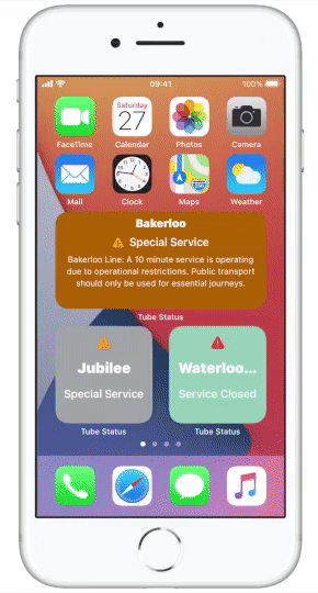 iPhone 7 homescreen with tube status widget prent. The selected tube line is being changed from Bakerloo (default) to the Northern line. Animated gif.