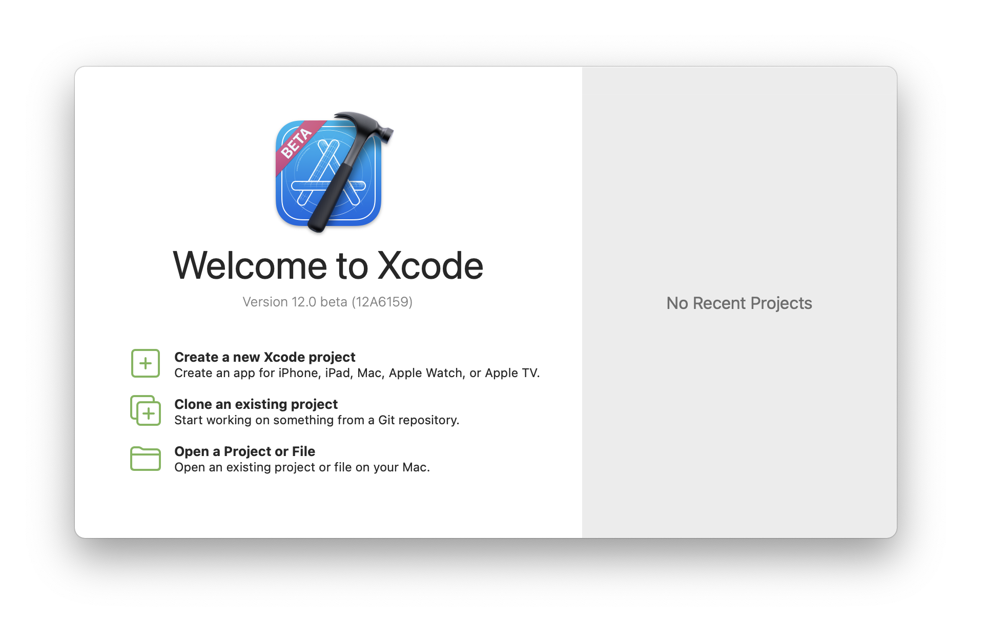 Screenshot of Xcode 12 Launch window